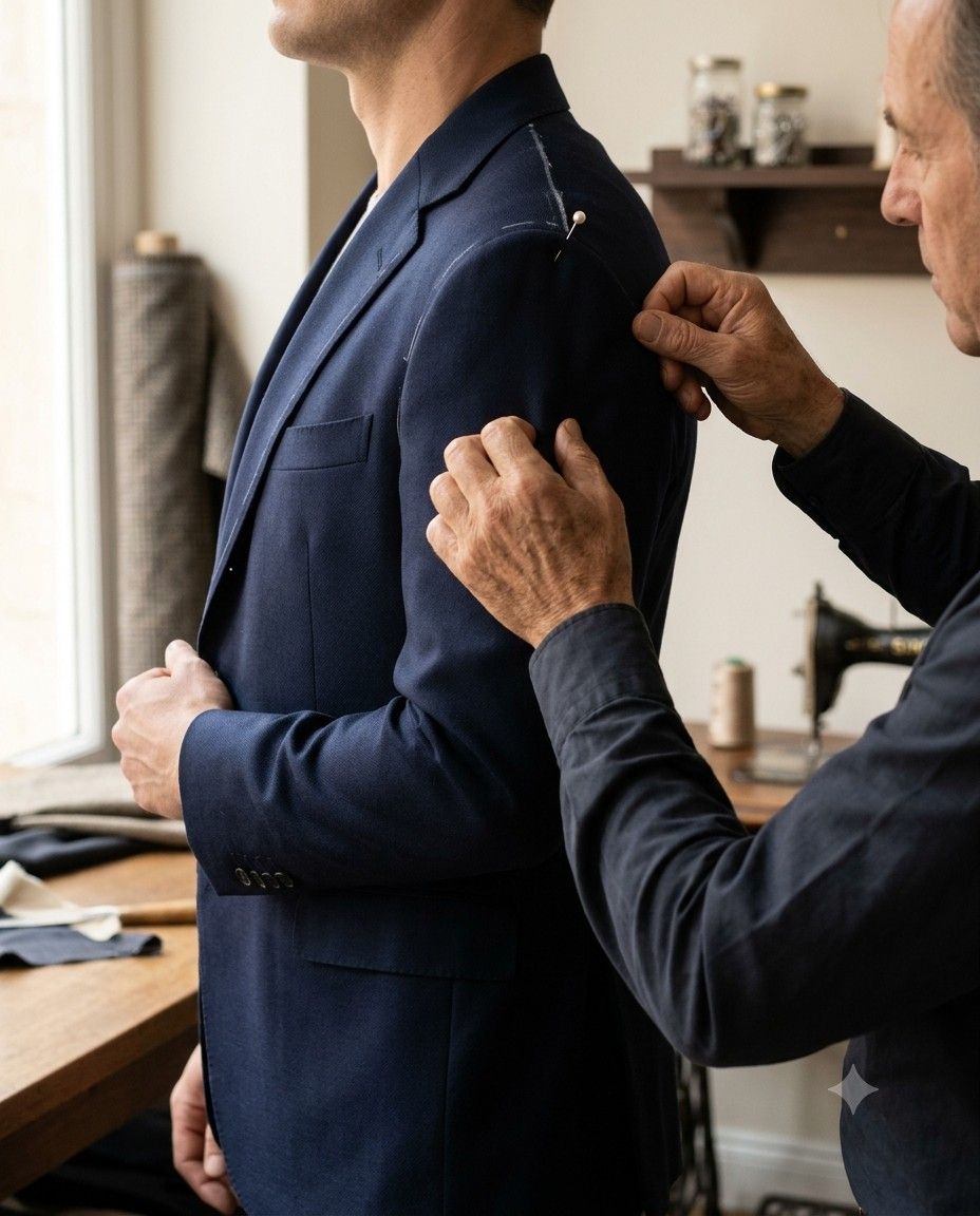 A tailor fitting a navy suit jacket