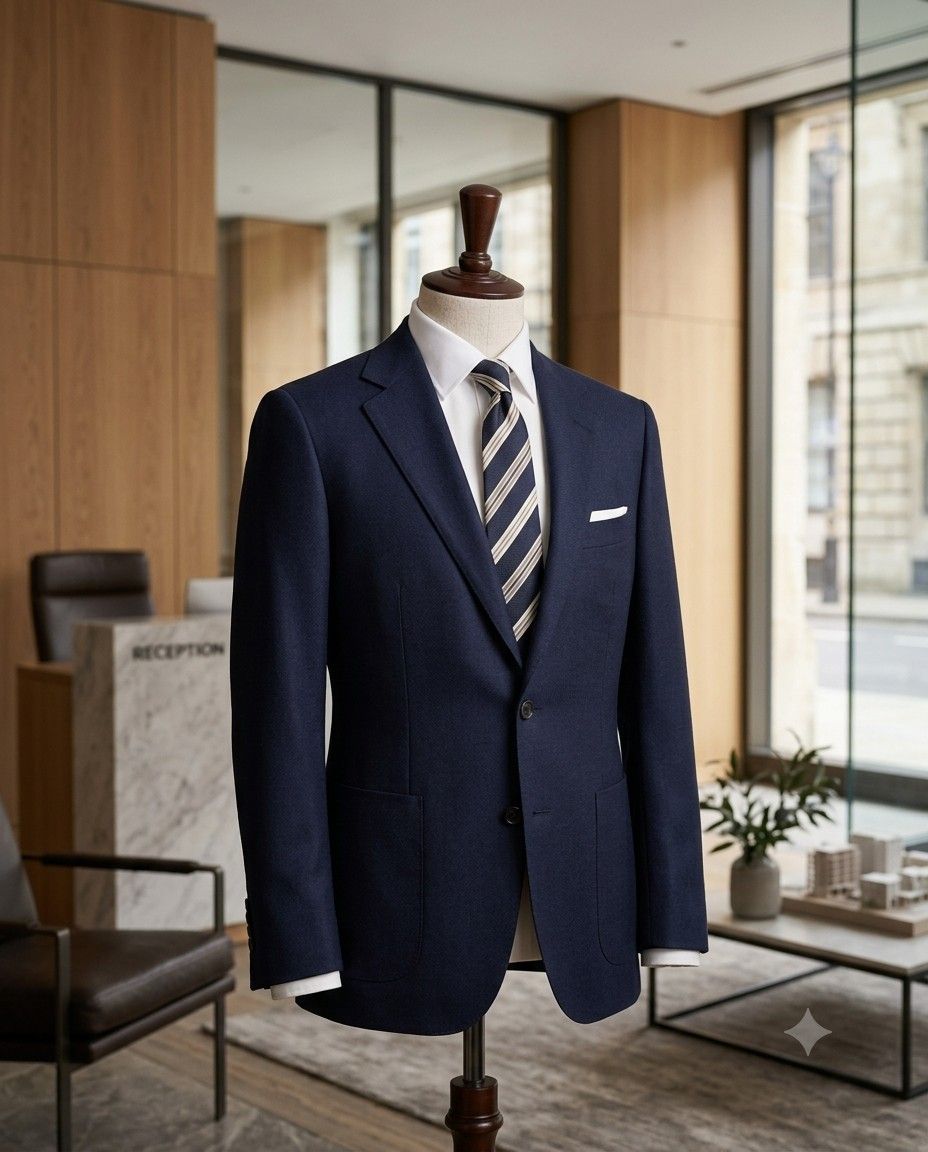 A navy corporate blazer, white shirt and tie on a mannequin