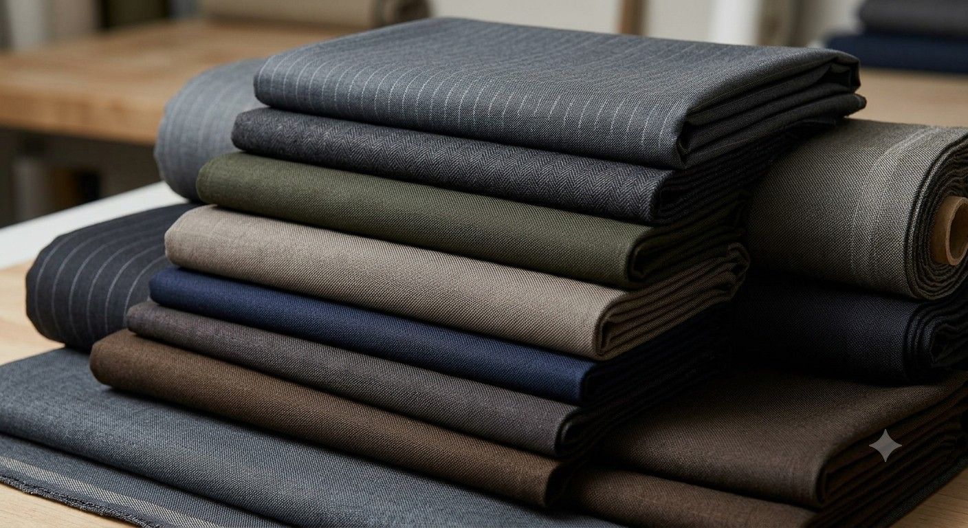 Folded suiting fabrics in grey, navy and charcoal