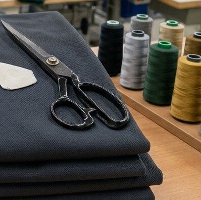 Tailor's shears, chalk and thread cones on folded fabric