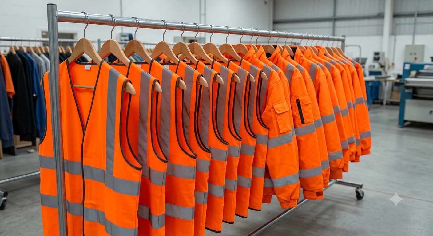 High-visibility vests hanging on a rail in the workshop