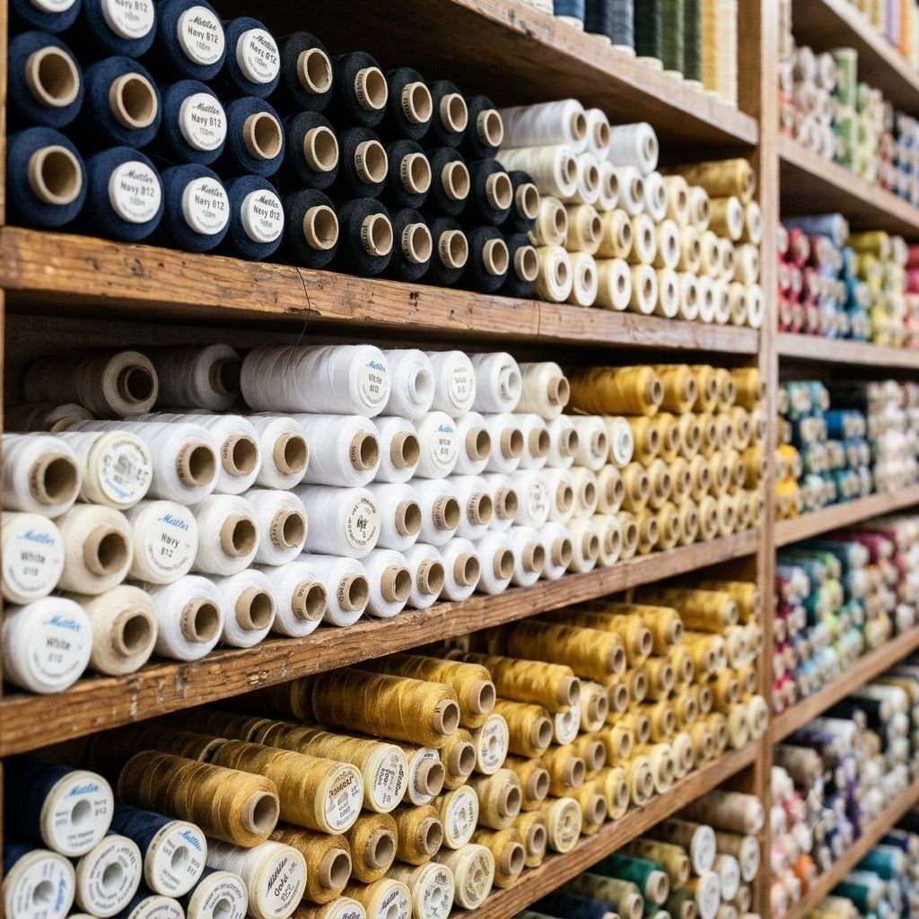 Shelves of thread spools in navy, white, gold and other colours