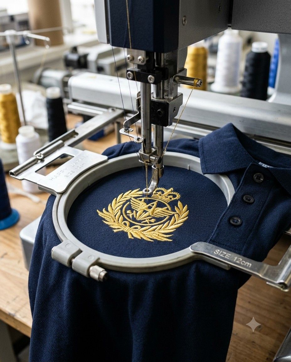 An embroidery machine stitching an emblem onto a polo shirt