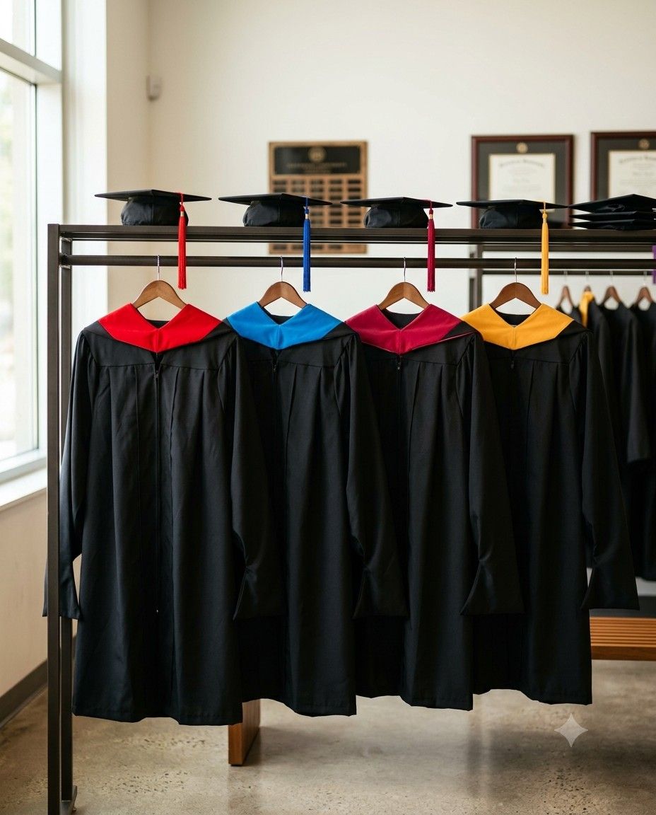 Graduation gowns with coloured hoods and caps