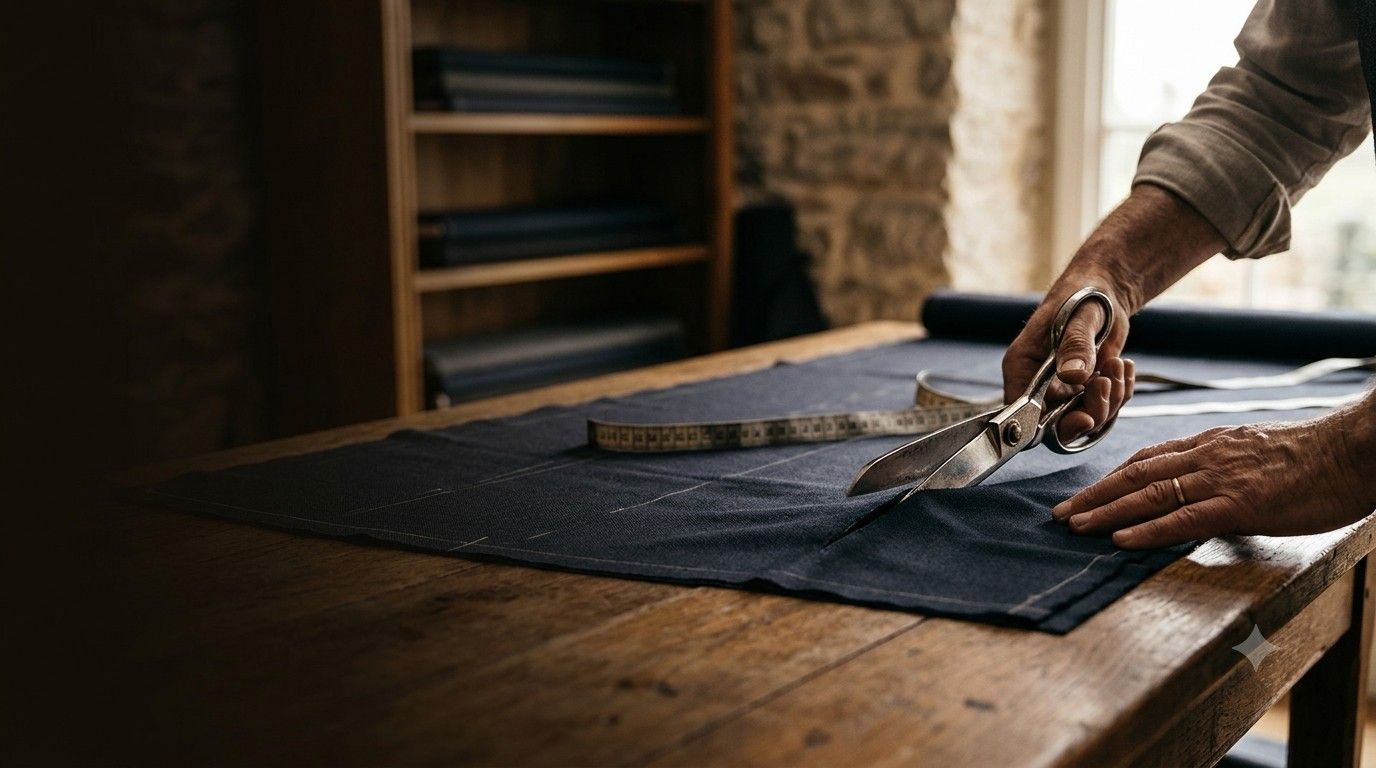 A tailor cutting navy suiting fabric with shears on the cutting table