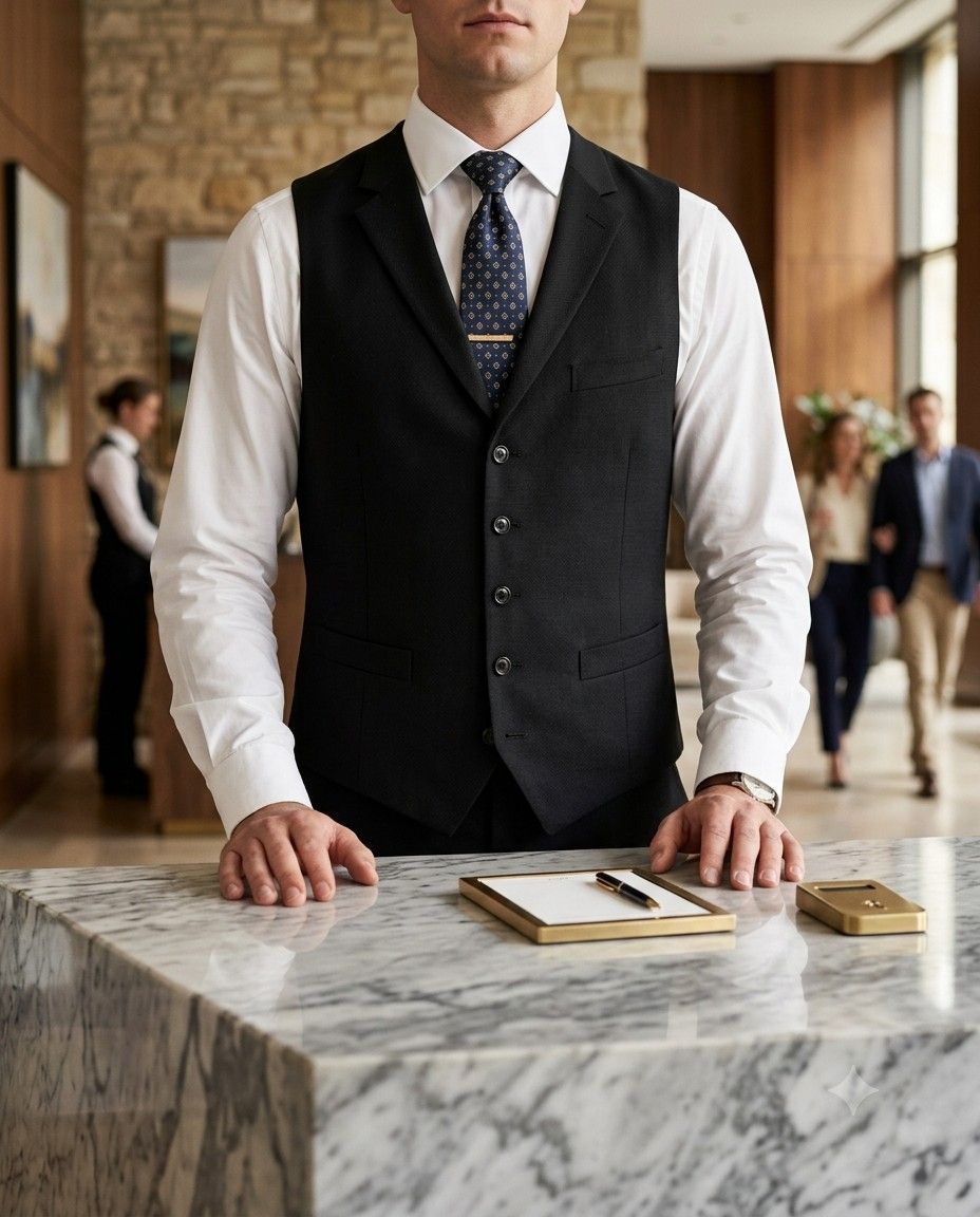 Hotel front-desk uniform with black waistcoat and tie at a marble reception counter