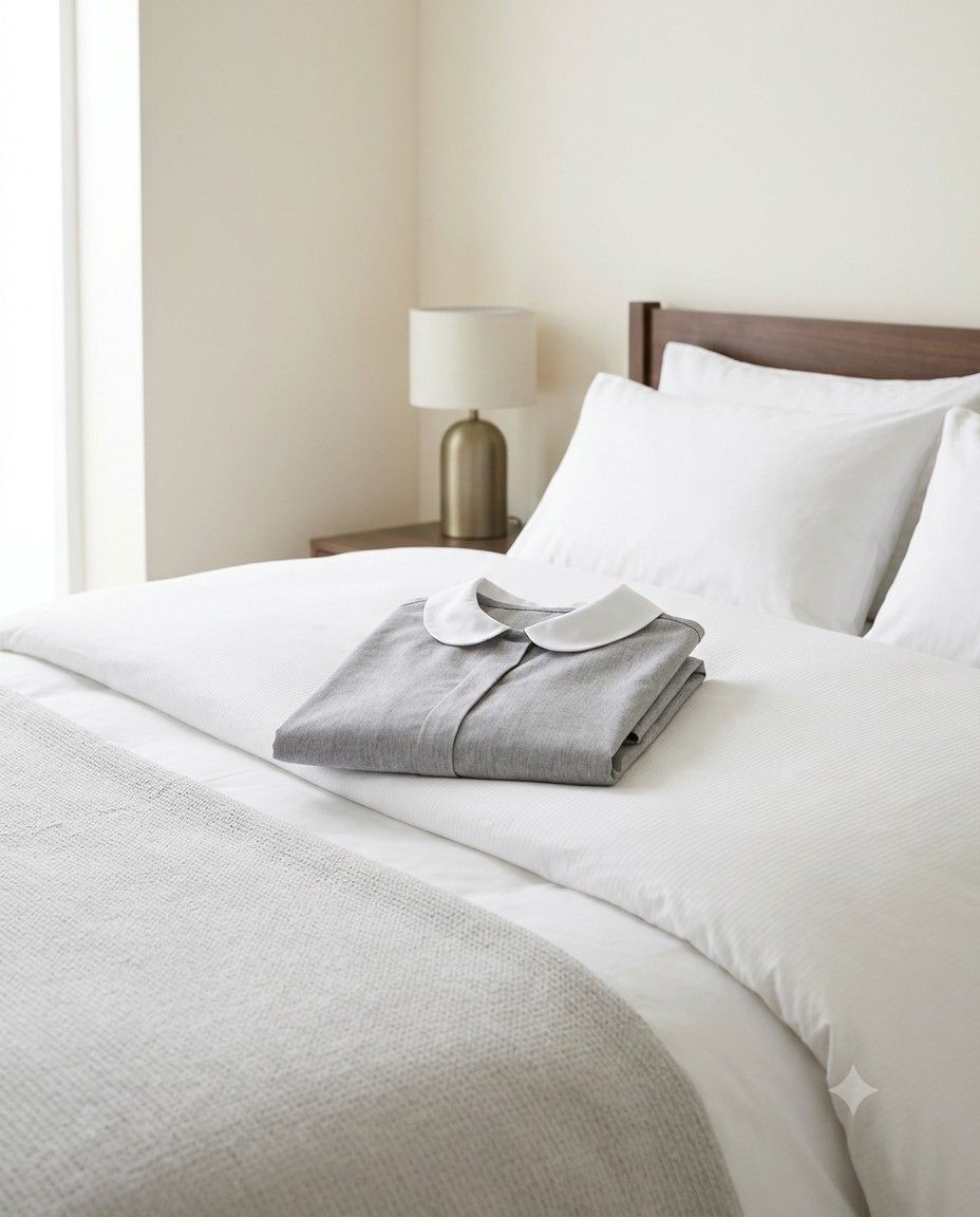 A grey housekeeping tunic with white collar folded on a hotel bed