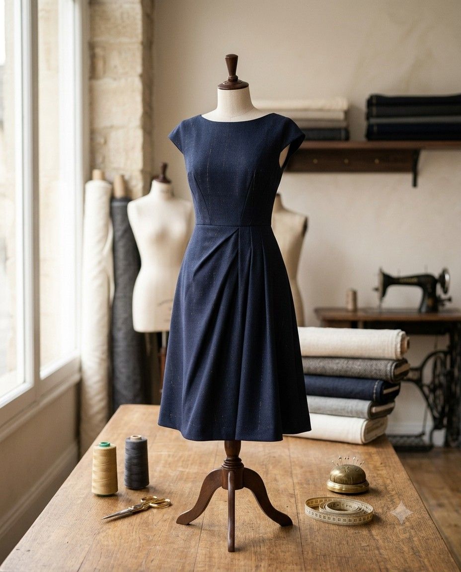A tailored ladies' dress on a dress form