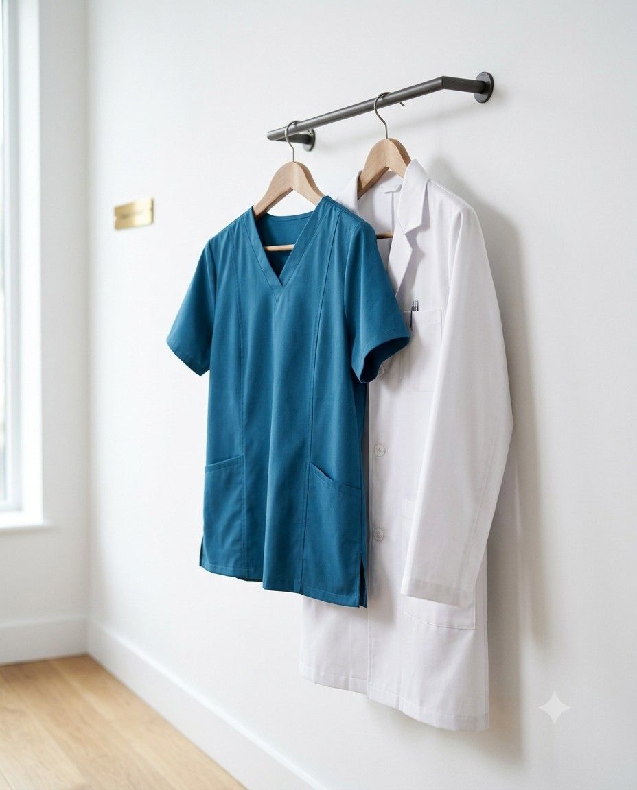 Scrubs and a white lab coat on hangers