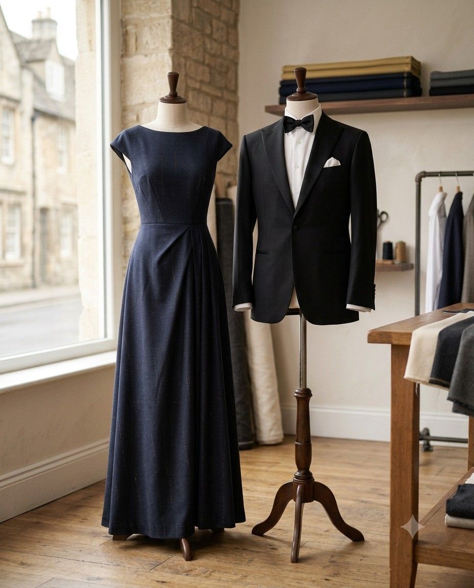 A navy evening gown and a black tuxedo on dress forms
