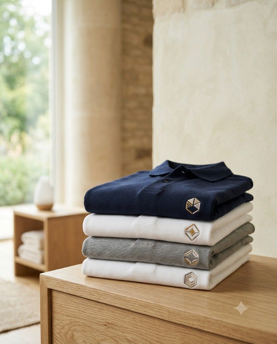 A stack of polo shirts in navy, white and grey with embroidered emblems