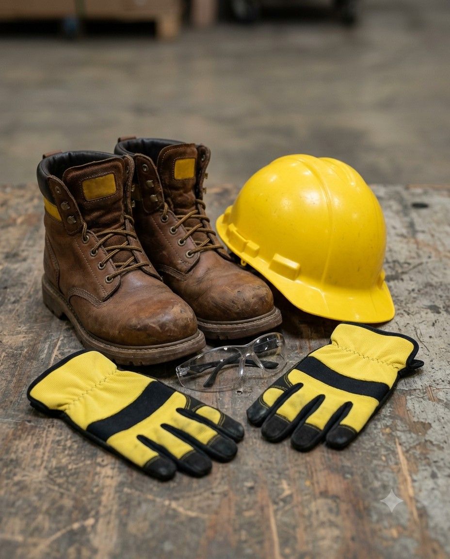 Safety boots, hard hat, safety glasses and gloves