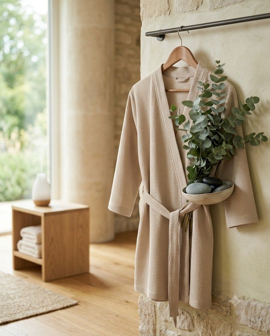 A beige spa robe on a hanger beside eucalyptus