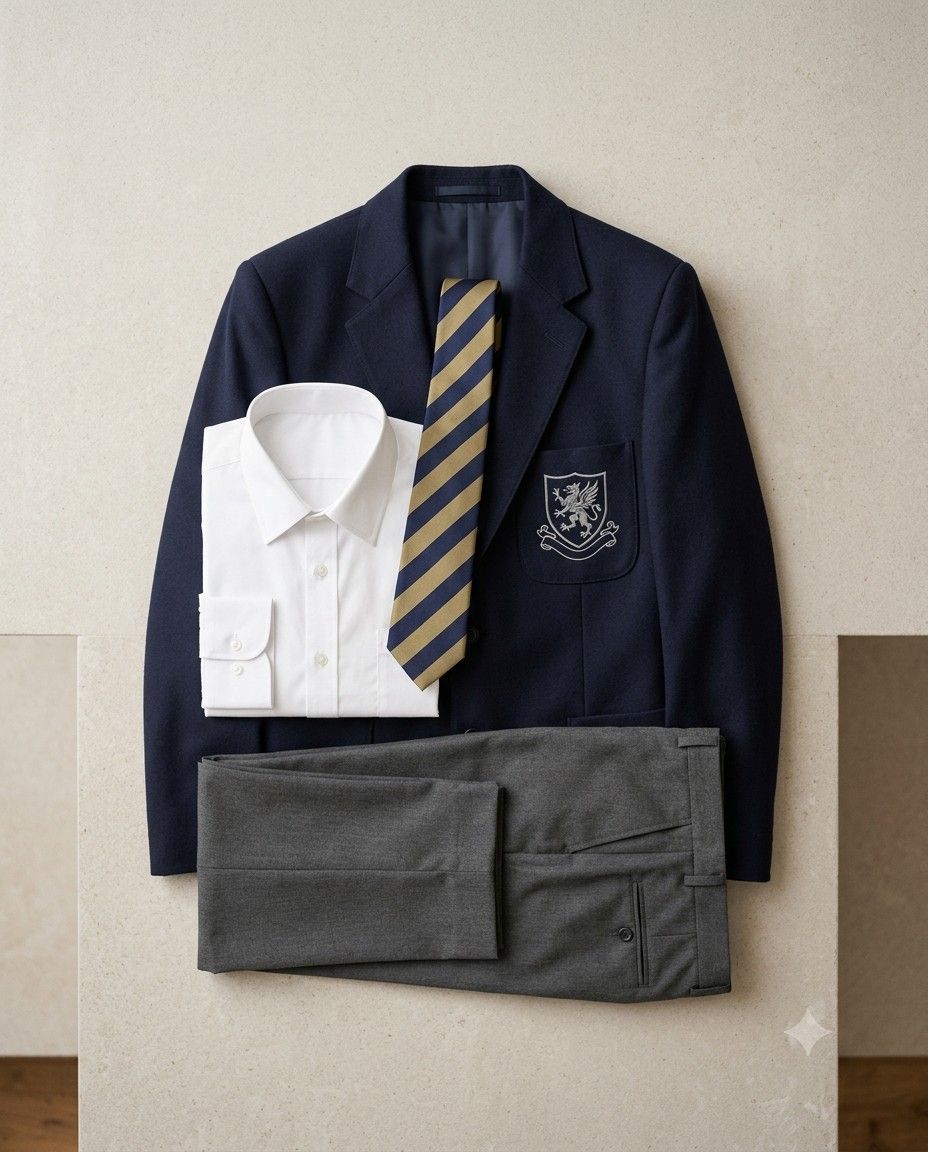 A school blazer with embroidered crest, shirt and tie