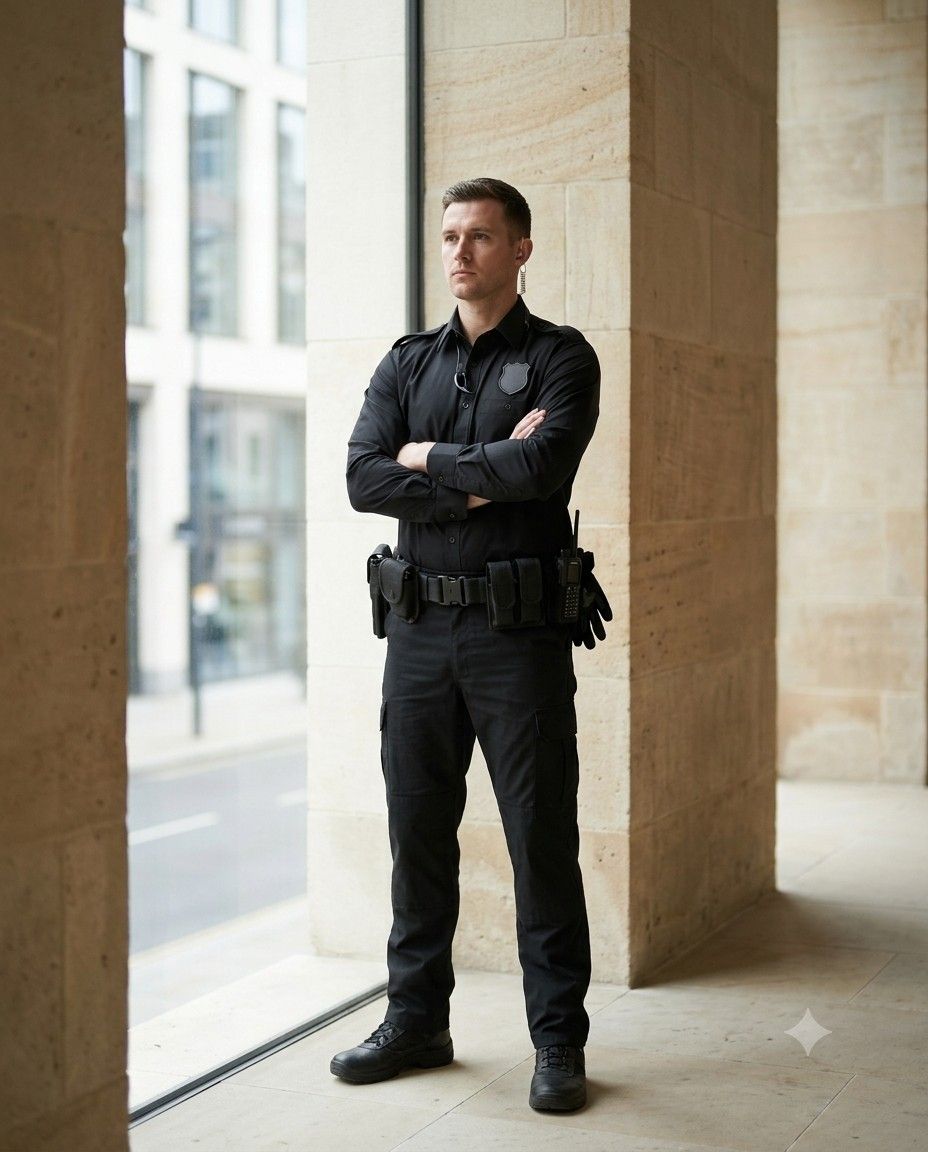 A security officer in a black uniform