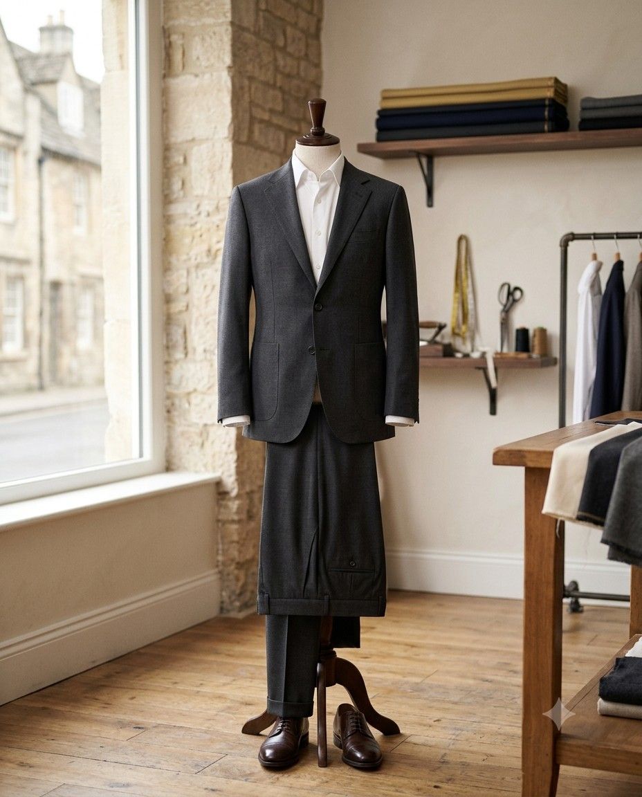 A tailored charcoal suit on a mannequin in the atelier