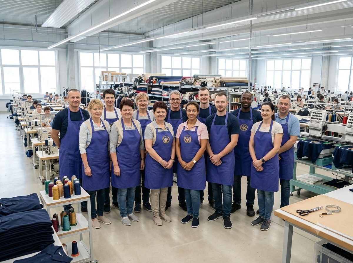 Tailors and machinists standing together in a garment workshop