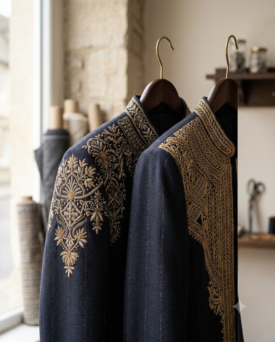 Navy traditional garments with gold embroidery on hangers