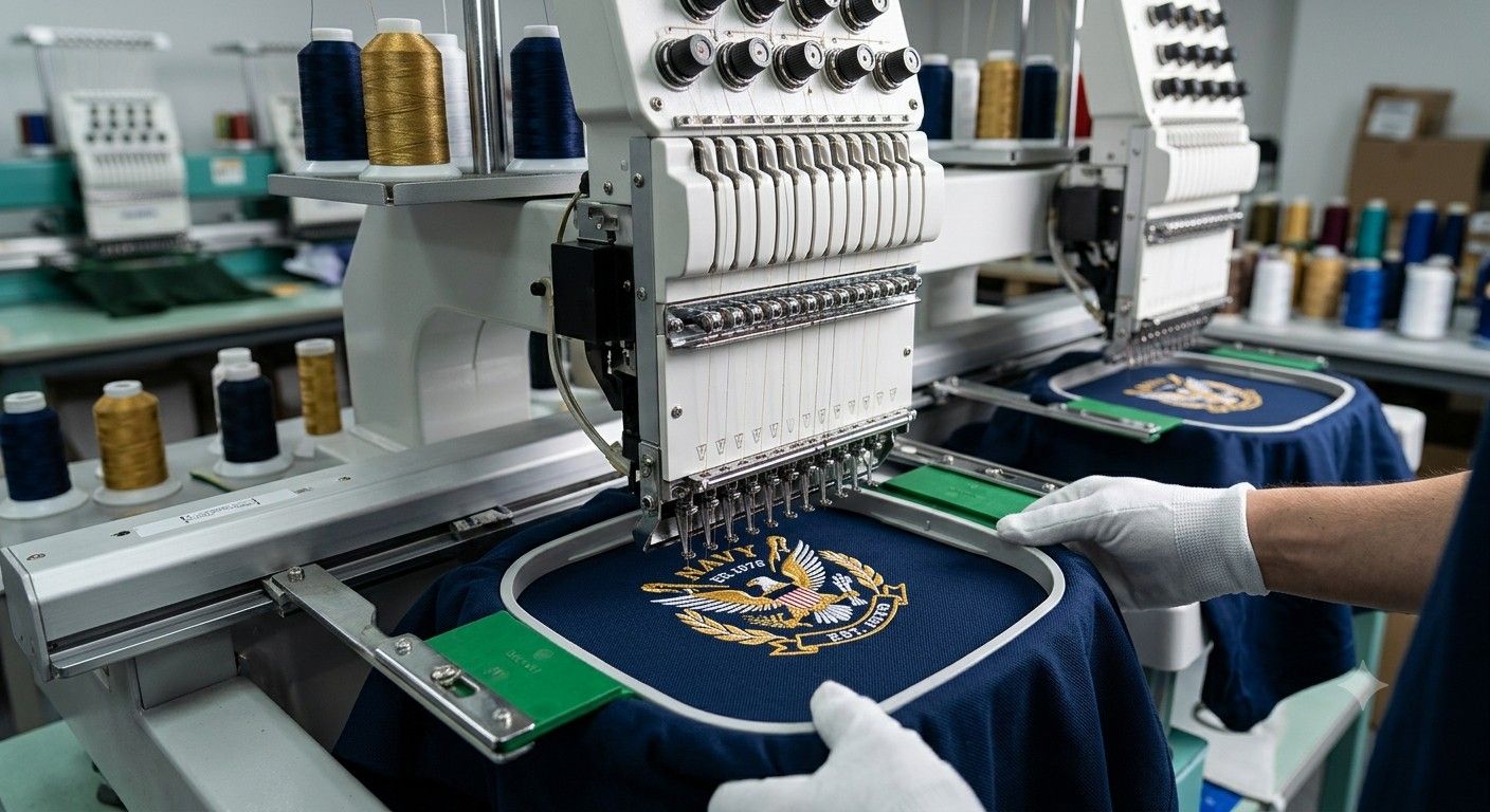 An embroidery machine stitching a gold emblem