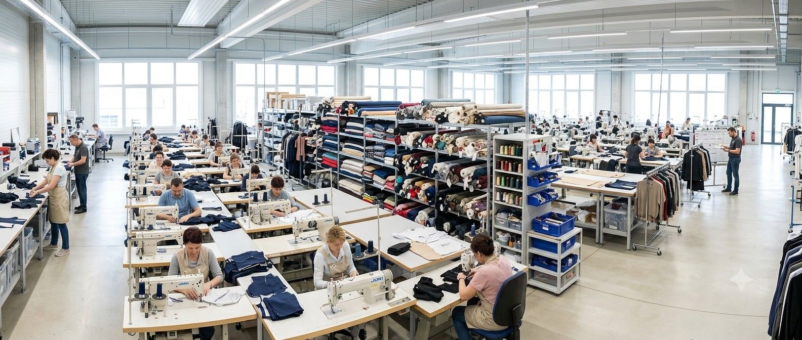 Rows of sewing machines on a bright garment production floor