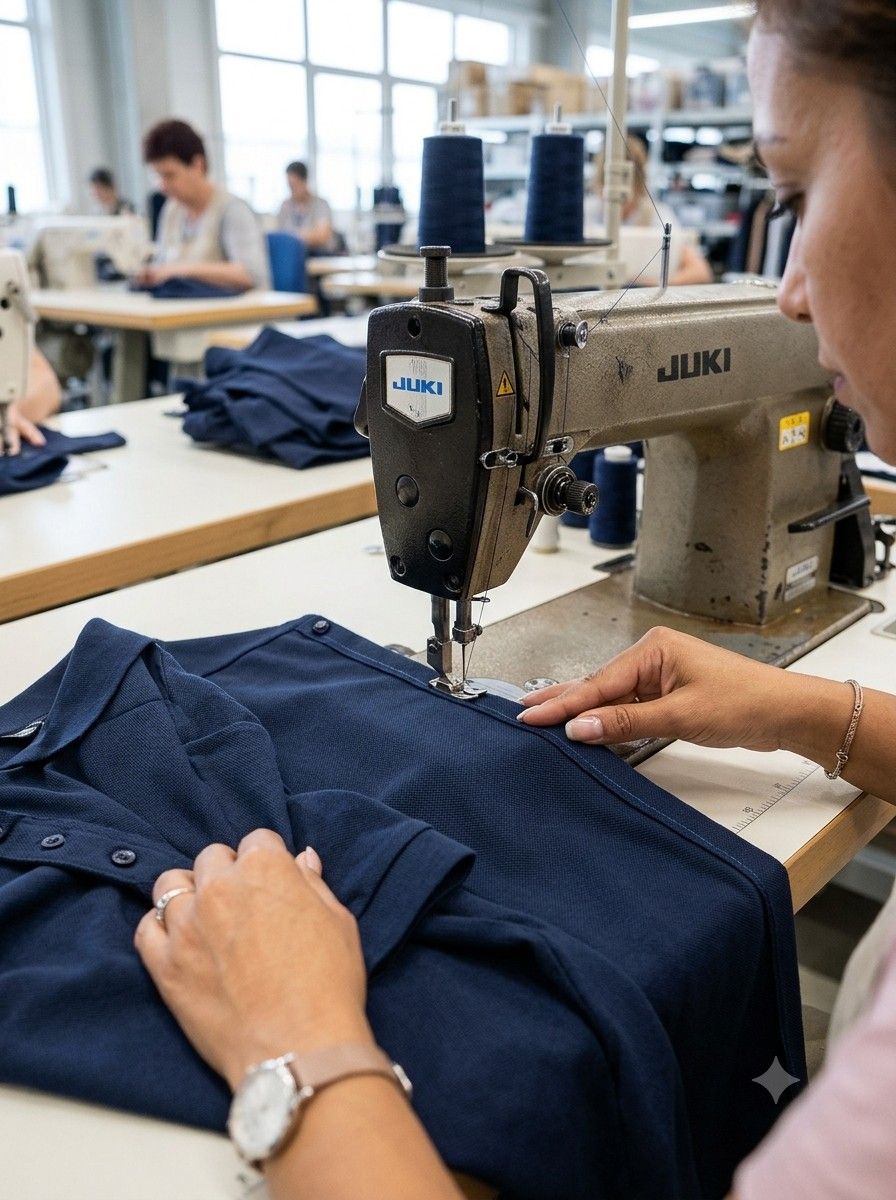 Hands guiding fabric through an industrial sewing machine