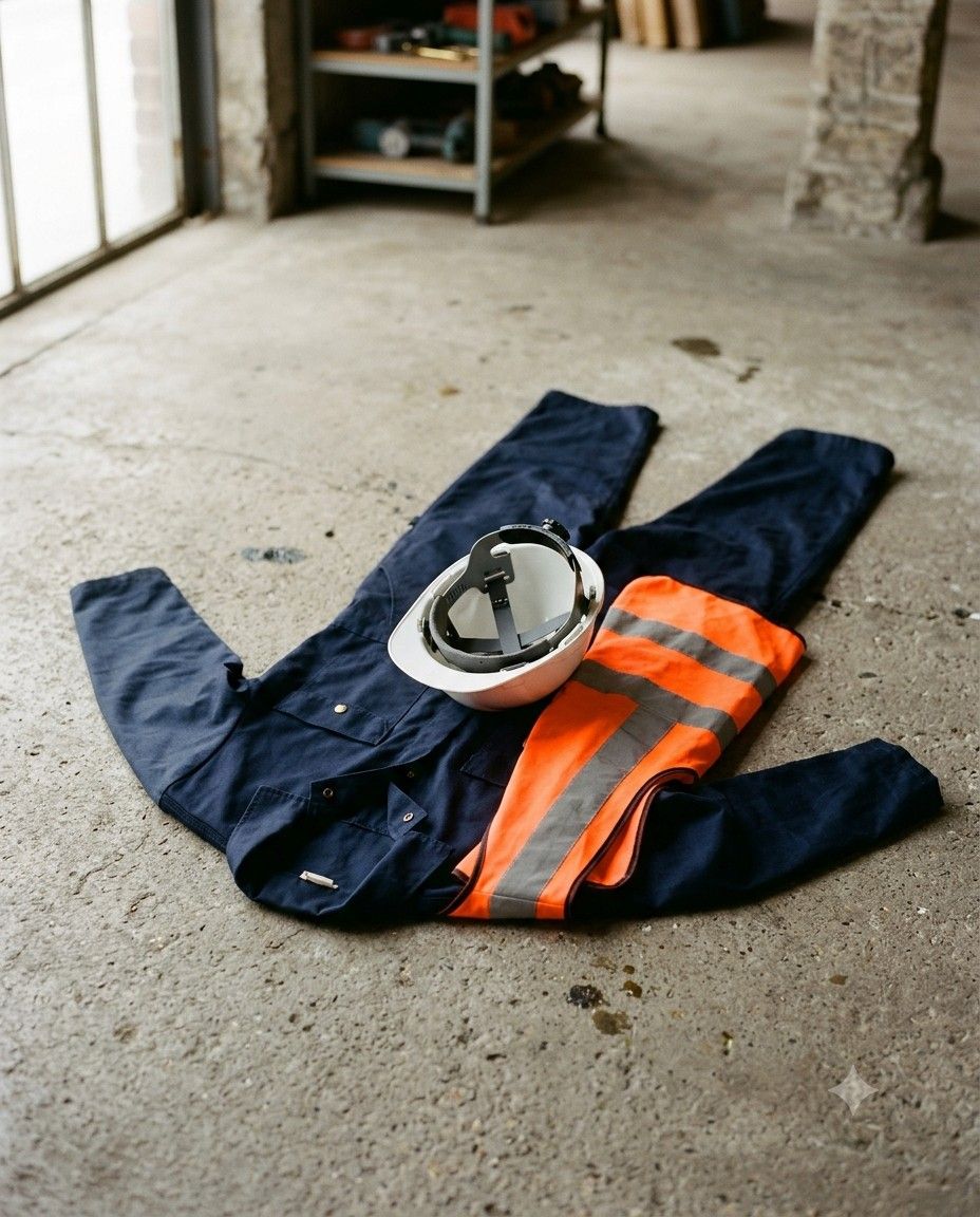 Coverall, hi-vis vest and hard hat